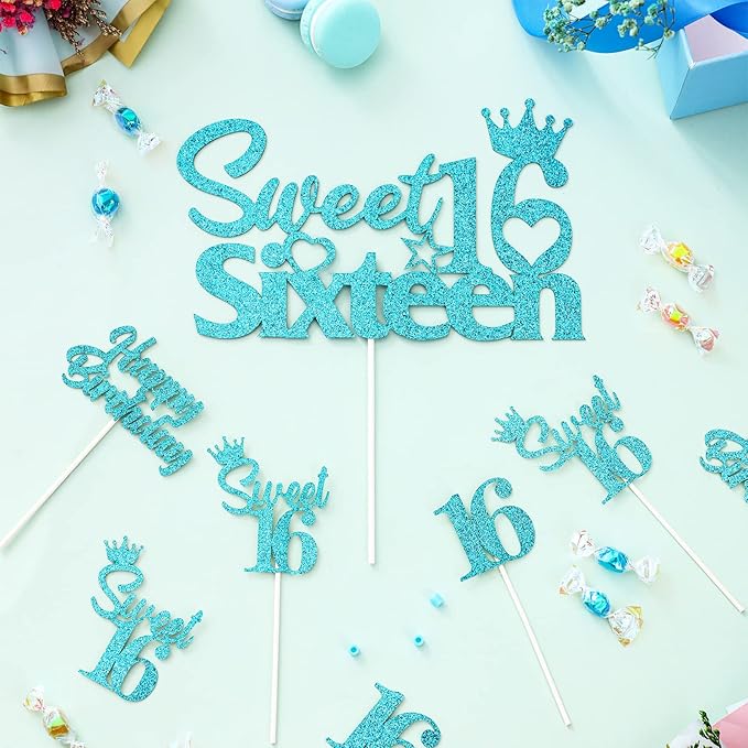 25 Pack 16th Birthday Cake Decorations, Sweet 16 Sixteen Cake Topper, Happy Birthday Sweet 16 Cupcake Toppers Teal Turquoise Blue for Boys Girls Happy 16th Birthday Party Supplies
