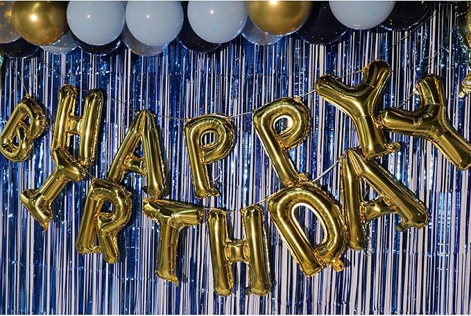 Blue Gold Birthday Decorations Happy Birthday Banner Blue Streamers Fringe Backdrop Blue Gold Birthday Party Decorations for Men