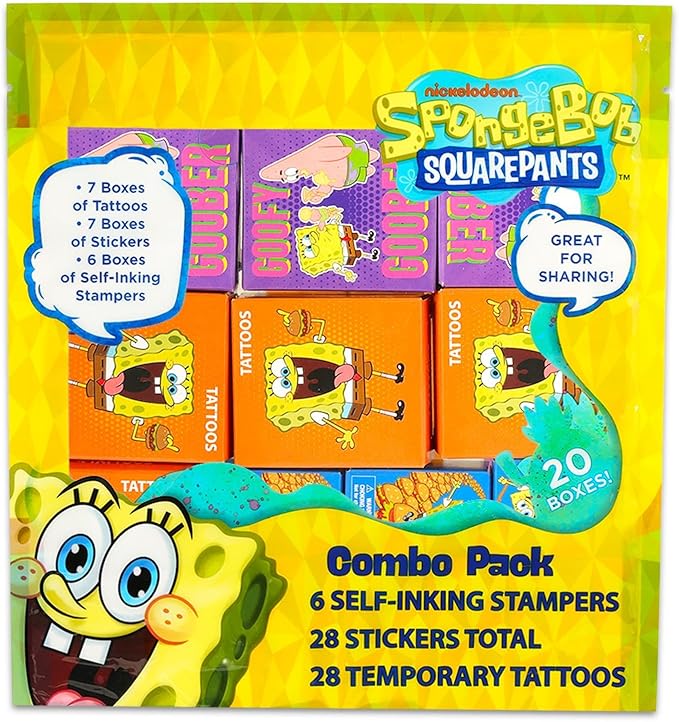 Spongebob Squarepants Party Favor Boxes Set Bundle with 40 Stickers, Tattoos, Stampers for Easter Gift Basket and Egg Hunt Fillers, More