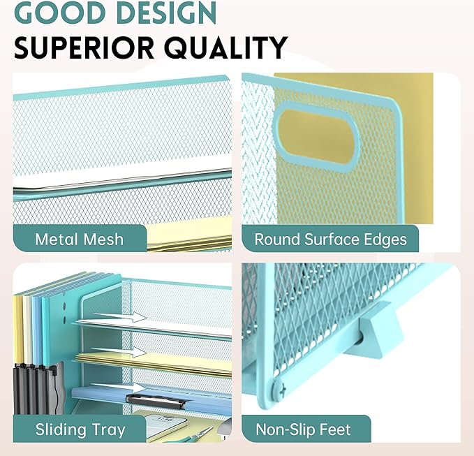 DALTACK Mesh Desk Organizer, 5-Tier Paper Letter Tray with File Holder & Pen Holder & Sliding Drawer, Desktop Organizer and Storage for Desk Accessories Office Supplies, Blue