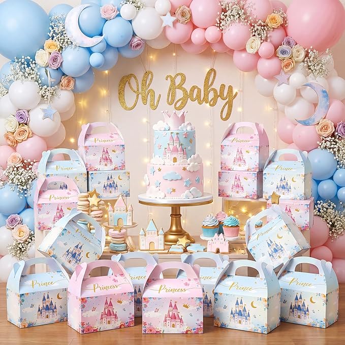 Nezyo 60 Pcs Princess and Prince Treat Boxes - Pink & Blue Crown Cardboard Goodie Boxes for Birthday Party Favors (Prince and Princess)
