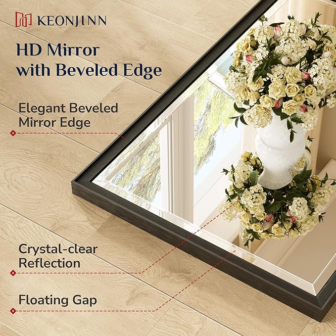 Keonjinn 24" x 36" Black Bathroom Mirror, Brushed Black Framed Mirror for Wall, Beveled Tempered Glass, Decorative Wide Frame, Rustproof, Rectangular Bathroom Vanity Mirrors with Square Corner