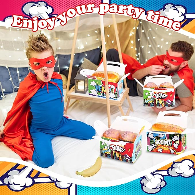 Gueevin 24 Pcs Hero Party Favors Boxes Hero Birthday Goodie Candy Snack Bags Gable Paper Gift Boxes with Handles for Birthday Baby Shower Party Supplies Decorations