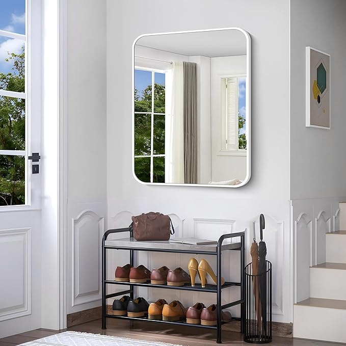 BONEWEI White Bathroom Mirror,30x36 inch Wall Mirror for Bathroom Wall Mounted,Rectangle Mirror for Bathroom Over Sink,Modern Frame Round Corner for Living Room,Bedroom Entryway,Horizontal/Vertical