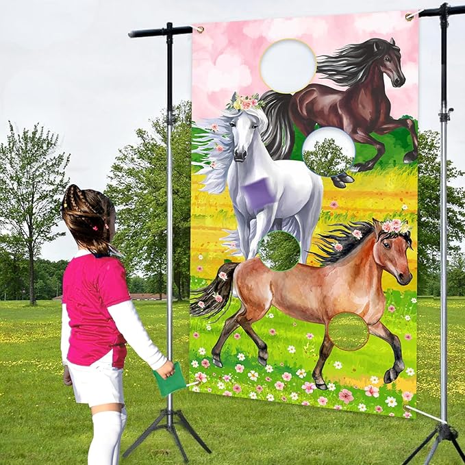 Horse Toss Games with 3 Bean Bags Pink - Horse Birthday Party Games Include Horse Toss Game Banner and Bean Bags for Girls Adults, Western Cowgirl Theme Birthday Party Indoor Outdoor