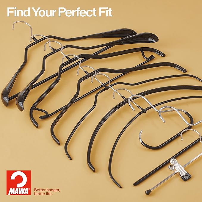 Mawa by Reston Lloyd Euro Series Non-Slip Space Saving Steel Clothes Hanger for Shirts, Dresses, Sweaters, Style 40/P, Set of 10, Black (14118)