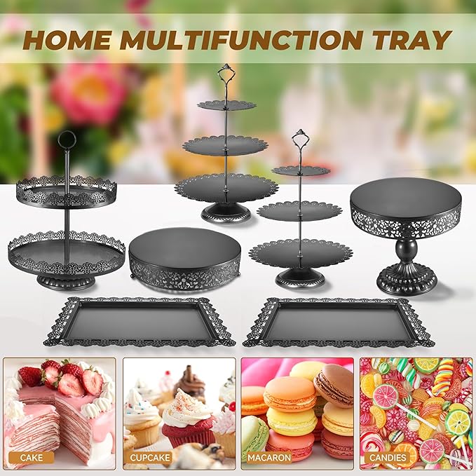 Black Cake Stand, Dessert Table Display Sets Metal Tiered Cupcake Holder Food Fruit Candy Plate Serving Tower Tray Platter With Tong, Cake Knife and Server Set For Wedding Birthday Party Decor 11PCS