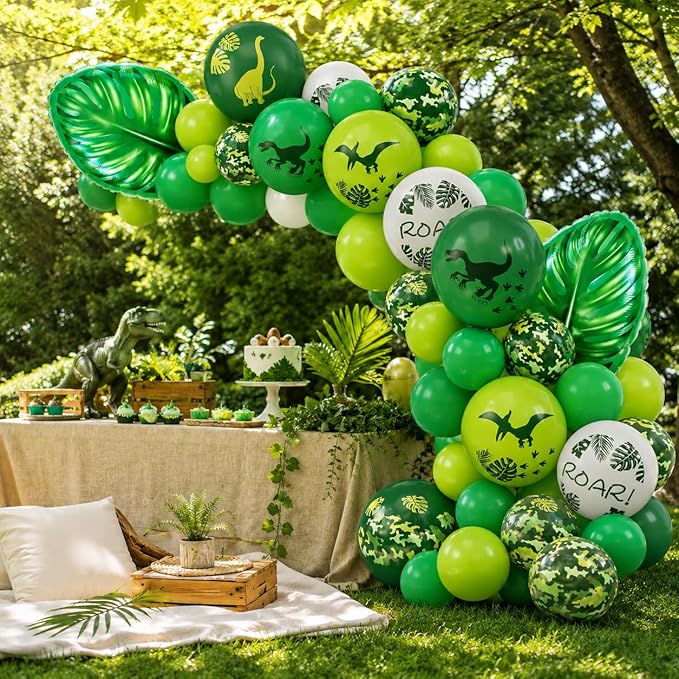 Dinosaur Balloons, 12 Inch Dino Printed Balloons with Palm Leaves Confetti Balloons for Birthday Party Jungle Dinosaur Safari Themed Decoration Supplies