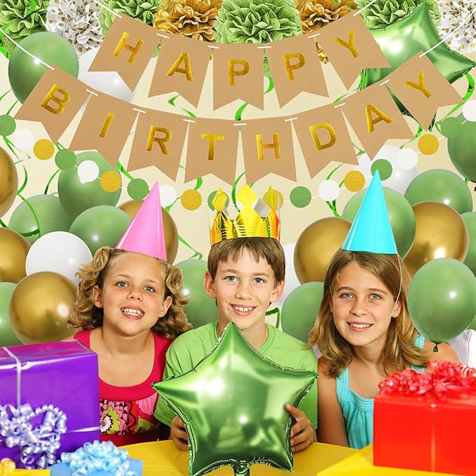 Sage Green Birthday Decorations, Party Decorations with Happy Birthday Banner for Women Boys Girls Dinosaur Safari Olive Green Wild One Birthday Party Supplies