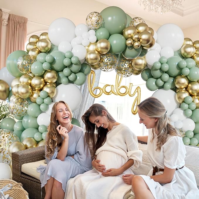 151pcs Sage Green Balloon Arch Kit Different Sizes 18 12 10 5 Inch Sage Green balloons White Gold Latex Balloons for Birthday Baby Shower Gender Reveal Wedding Engagement Party Decorations