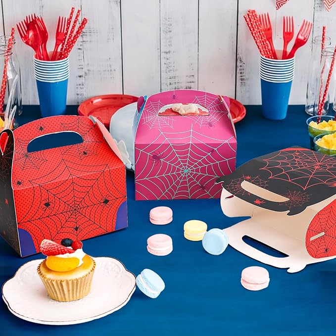 Beehaam 24 Pack Spider Party Favor Treat Boxes, Spider Web Theme Gable Gift Bags | Large Candy Goodie Cake Snack Paper Bags for Happy Birthday Baby Shower Party Decorations Supplies