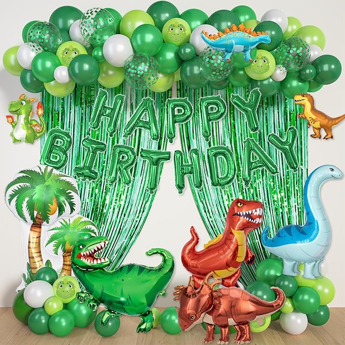Dinosaur Birthday Party Decorations Supplies, 123Pcs Dinosaur Dark Lime Green White Balloons Garland Arch Kit Happy Birthday Dino Foil Balloon Curtain for Kids Boys Dino Jungle Safari Baby Shower