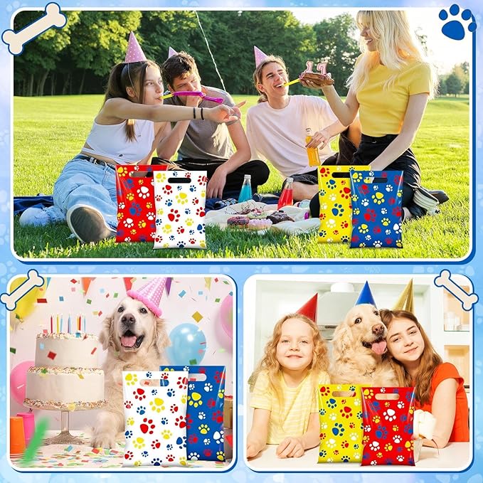 Pasimy 100 Pcs Dog Paw Gift Bags Bulk Pet Paw Puppy Plastic Treat Favor Candy Goodie Bags with Handle for Dog Birthday Party Decoration Supplies (Dark Blue Yellow Red)