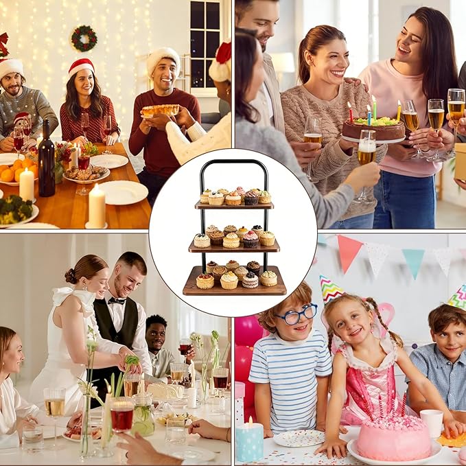 3-Tier Wooden Cupcake Stand with Handle, Large Cake Stand for 52 Cupcakes, Portable Dessert Tower for Parties Weddings Birthdays