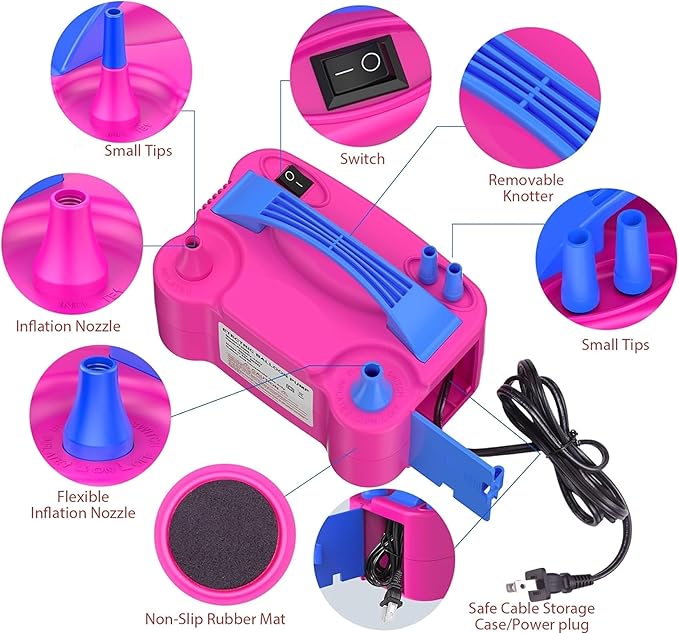 Electric Balloon Pump, Portable Electric Air Balloon Pump Dual Nozzle Air Blower Pump 110V 600W Rose Red Balloon Inflator for for Party Decorations