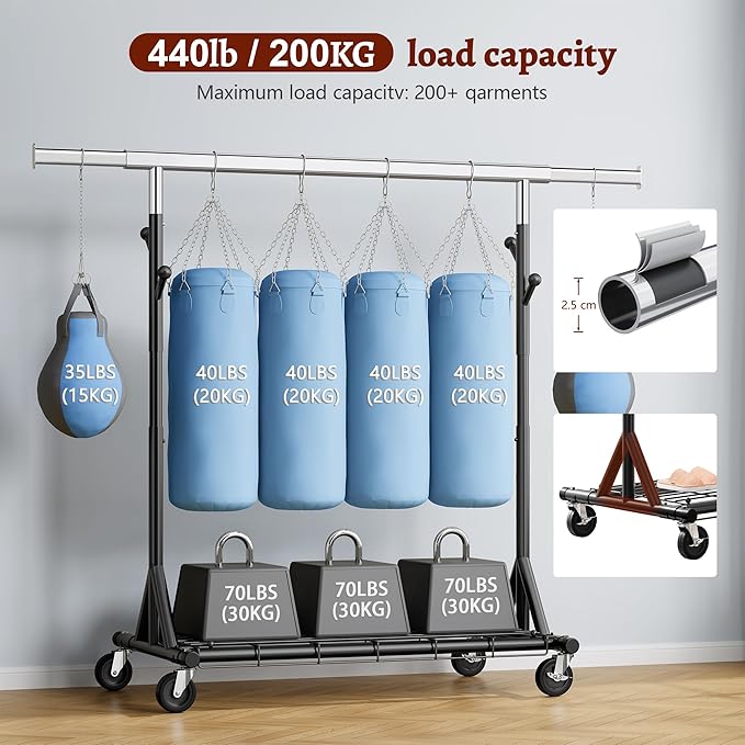 FAVOOSTY Heavy Duty Clothes Rack for Hanging Clothes, Rolling & Extending Clothing Rack with Wheels, Garment Coat Rack Freestanding, Portable Clothes Rack, Black