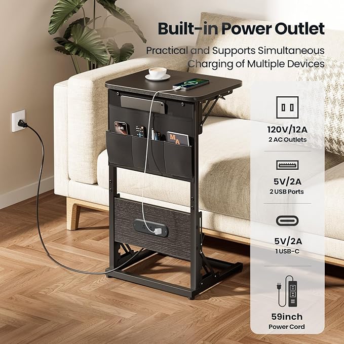 HLDIRECT C Shaped End Table with Charging Station, Couch Side Table with Storage Bag, Foldable TV Tray with 2 USB Ports and Outlets for Living Room, Bedroom, Black