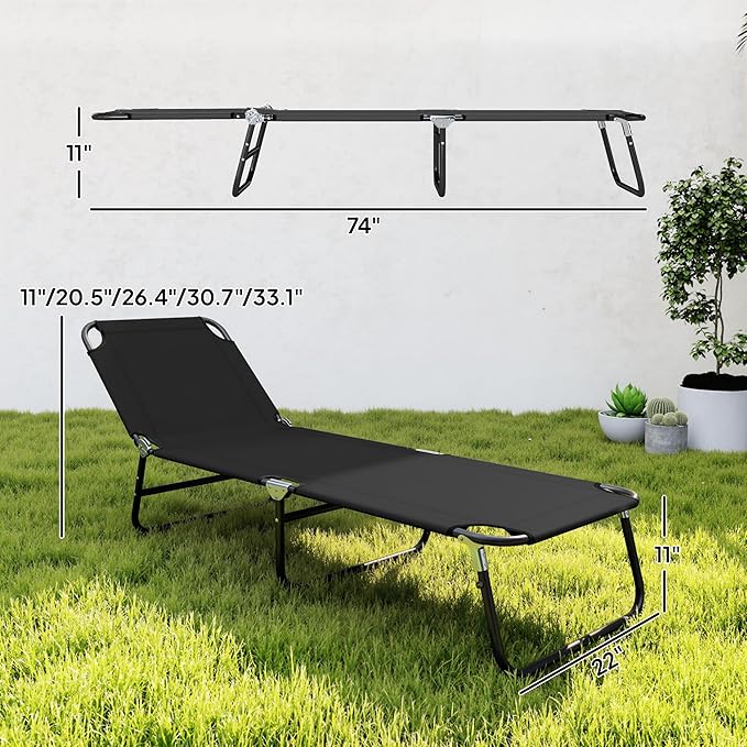 Outsunny Folding Chaise Lounge Pool Chairs, Outdoor Sun Tanning Chairs with 5-Level Reclining Back, Steel Frame for Beach, Yard, Patio, Black