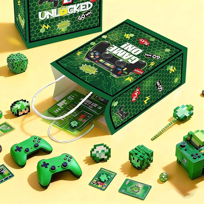 Grencian 16 PCS Video Game 7th Birthday Party Favor Bags Green Video Game Candy Treat Gift Goodie Bags with Handles Level 7 Birthday Decorations for Boys Kids 7 Year Old Video Gamer Party Decorations