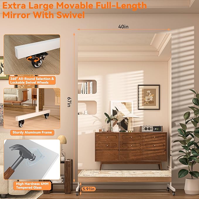 Hasipu Home Gym Mirror 360° Swivel on Wheels, 67" x 40" Extra Large Full Body Rolling and Tempered Glass Easy to Move Full Length Mirror for Yoga Studio, Bedroom, Dancing Studio, White