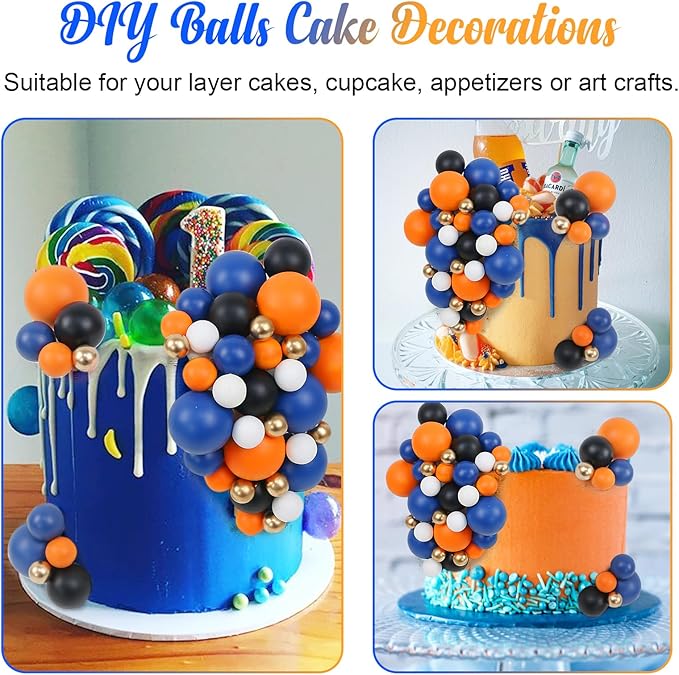 115 PCS Ball Cake Toppers - Mini Balloon Cake Decorations Navy Blue Orange White Gold Foam Ball Cupcake Picks DIY Cake Insert Toppers for Baby Shower Birthday Party Wedding