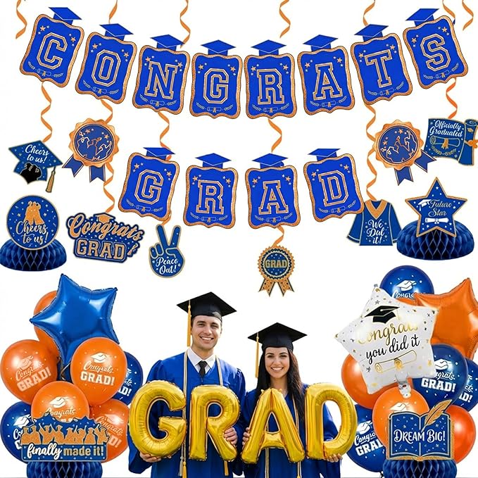 Blue Orange Gold Balloons GRAD Print Balloons with Banner Table Honeycomb Centerpieces Hanging Swirl star GRAD Letters Mylar Balloons for 2026 graduate Prom Decorations