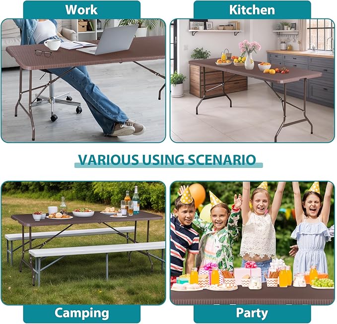 ZENY 6ft Portable Folding Table Plastic Indoor Outdoor Picnic Party Camp Dining Table with Handle (Brown, 71" x 27")