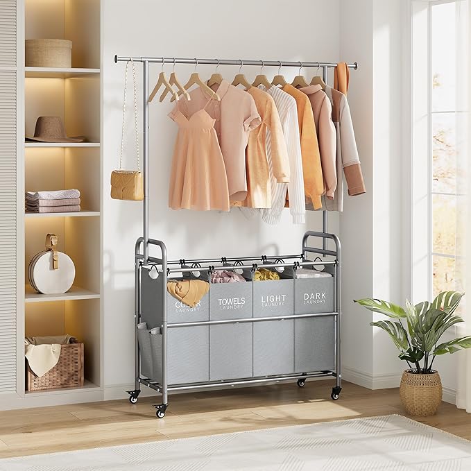 Tajsoon Laundry Sorter with Hanging Bar, 4 Section Rolling Laundry Hamper with Heavy Duty Lockable Wheels, Laundry Sorter Cart for Bathroom & Bedroom, Gray