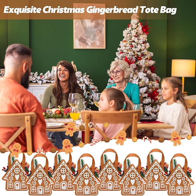 SilTriangle 24 Pcs Christmas Non-woven Gingerbread Bag Party Gift Gingerbread House Shaped Favors with Handles Tote Treat Goodie Candy Bags for Xmas Theme Party Reusable Supplies