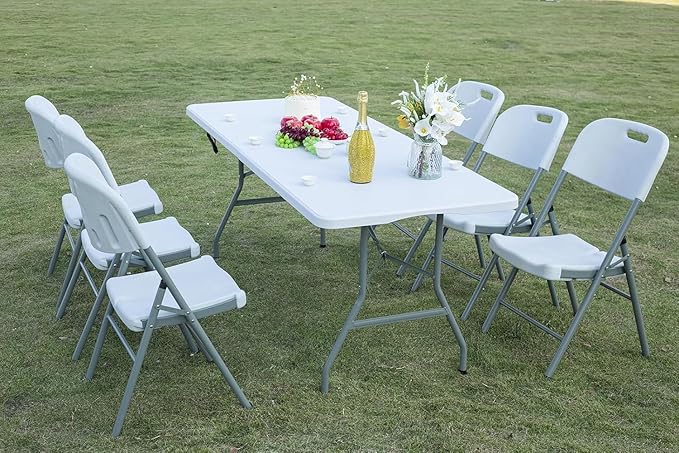 6FT Folding Table, Portable Fold-in-Half Plastic Utility Table with Carrying Handle, Heavy Duty Indoor Outdoor Dining Picnic Camping Party Table, Waterproof & Scratch Resistant, White