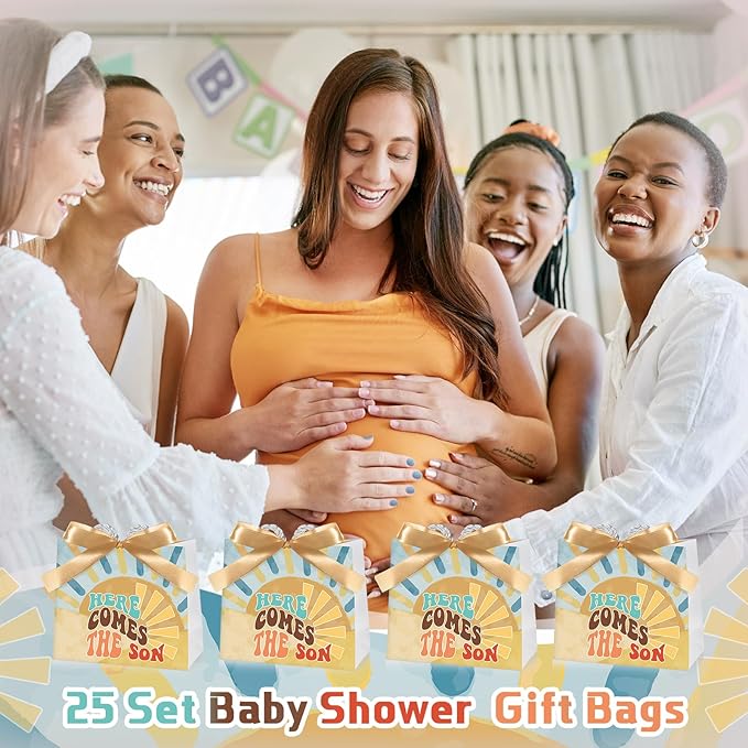Spakon 25 Sets Here Comes The Son Baby Shower Party Favor Bags Boho Sun Gift Bags with Handles and Bow Ribbons for Baby Shower Birthday Party Decoration Supplies Goodie Souvenirs Treat
