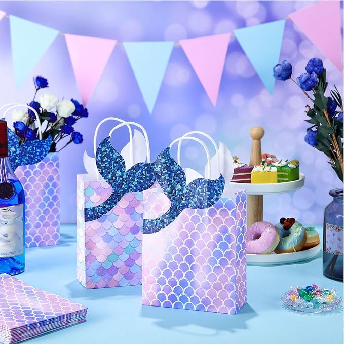 Leinuosen 16 Pcs Mermaid Party Favor Bags Mermaid Gift paper Bags with Handles Princess Theme Birthday Decoration Treat Candy wrap packs for Baby Shower Birthday Pool Party Supplies