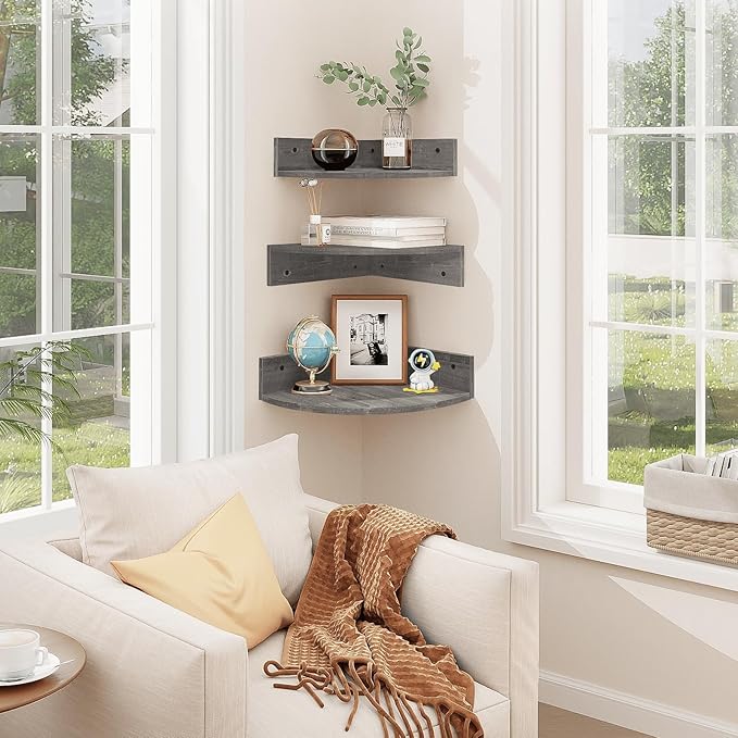 Homode Corner Floating Shelves, Set of 3 Corner Wall Shelves for Storage and Display, 3 Tier Wood Hanging Shelf Organizer for Cable Box, for Bedroom, Bathroom, Kitchen, Rustic Grey