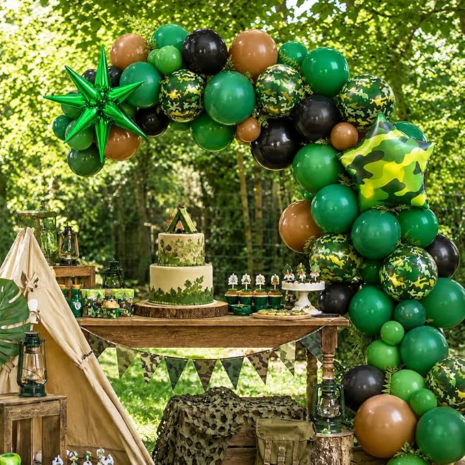 Camo Balloons, 12 Inch Green and Brown Party Balloons Camouflage Party Decoration with Star Foil Balloon for Hunting Camping Game Jungle Theme Camo Birthday Party Decorations