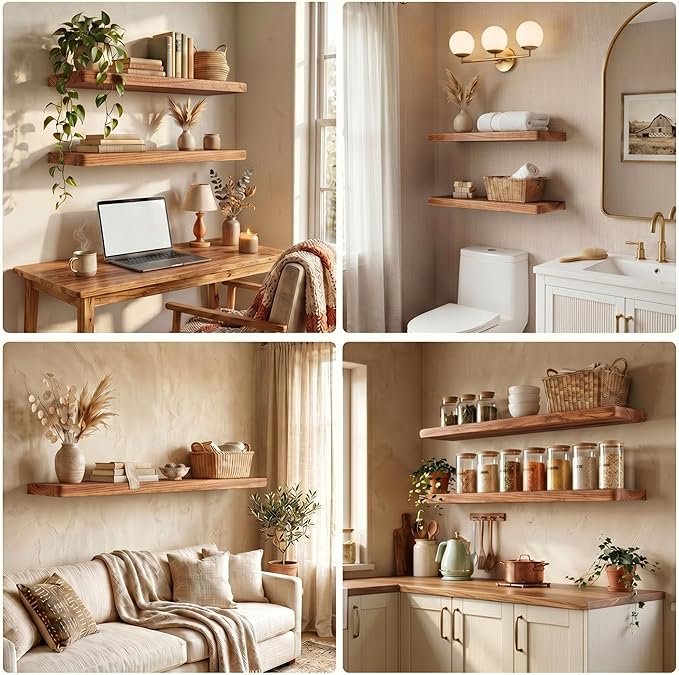 24 Inch Floating Shelves, Solid Wood Wall Shelves, 8 Inch Deep Floating Shelf – for Bathroom, Bedroom, Living Room, Kitchen, Home Decor & Storage, Heavy-Duty Wooden Shelf Wall-Mounted, Set of 2