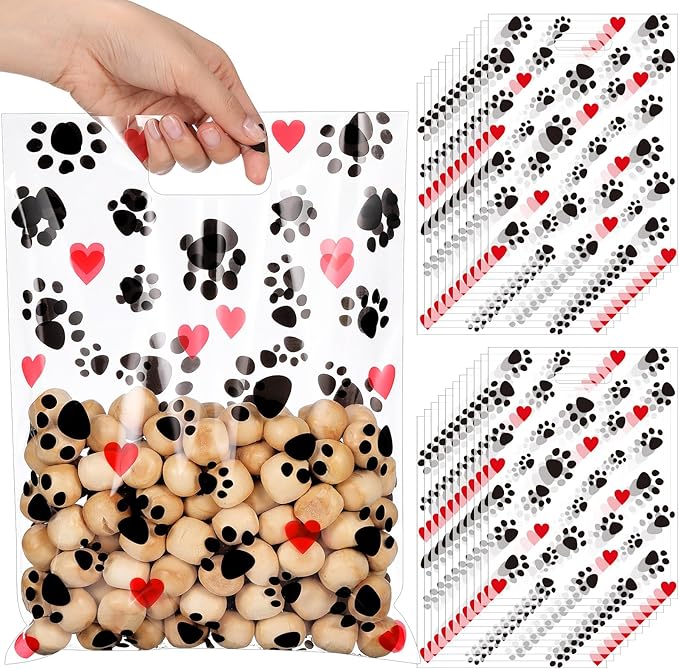 Pasimy 100 Pcs Puppy Dog Paw Gift Bags Plastic Paw Treat Goodie Bags with Handles 9 x 12 Inch for Birthday Holiday Party Favor Supplies Shopping Gift Merchandise Grocery Home Using (Black Red)