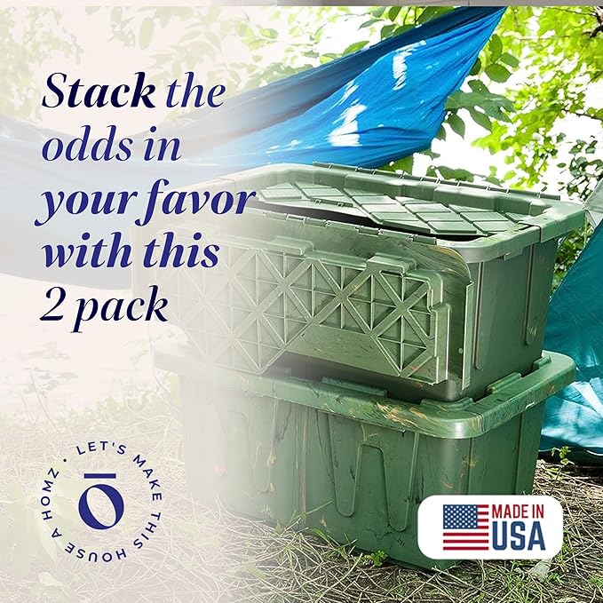 HOMZ 2-Pack Durabilt Tote, Heavy Duty Plastic Storage Bins with Lids, 15 Gallon, Green Camo - Stackable Organizing Containers for Home, Garage, and Office