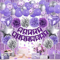 ZERODECO Purple Silver Birthday Party Decorations for Women Girls, Happy Birthday Banner Pompoms Balloon Arch Fringe Curtain Party Décor for Baby Girls Women Purple Silver Party
