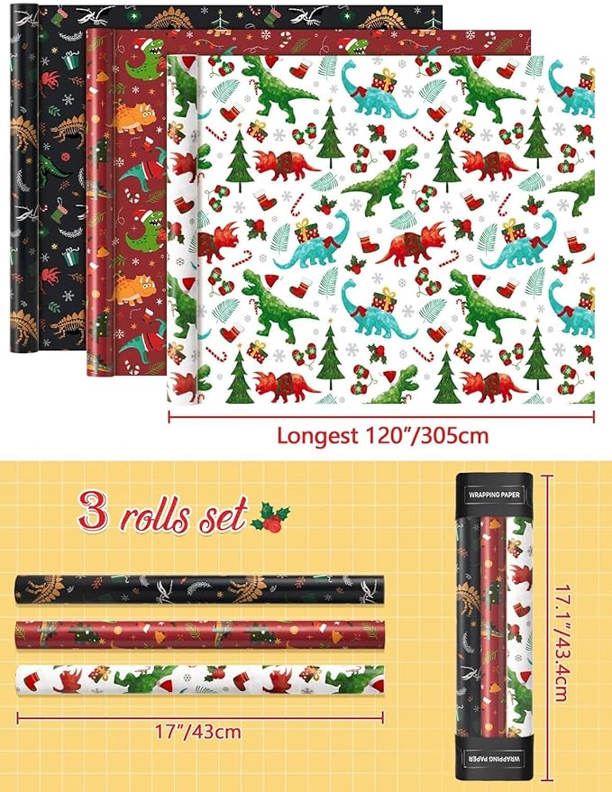 WERNNSAI Christmas Kids Wrapping Paper - 3 Rolls 17" x 120" Kids Christmas Dinosaur Wrapping Paper Rolls Boys Christmas Wrapping Papers Christmas Birthday Gift Wrap Paper with Cutting Line