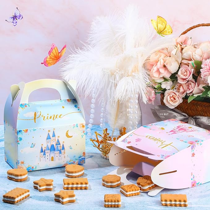 Nezyo Princess and Prince Treat Boxes - Pink & Blue Crown Cardboard Goodie Boxes for Birthday Party Favors(24 Pcs,Prince and Princess)