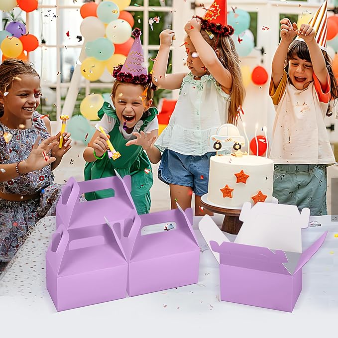 XAGLVV 24 Pack Purple Paper Gable Boxes with Handles,Treat Goodie Party Favor Gift Box for Wedding, Birthday, Baby Shower, Graduation Decoration Supplies