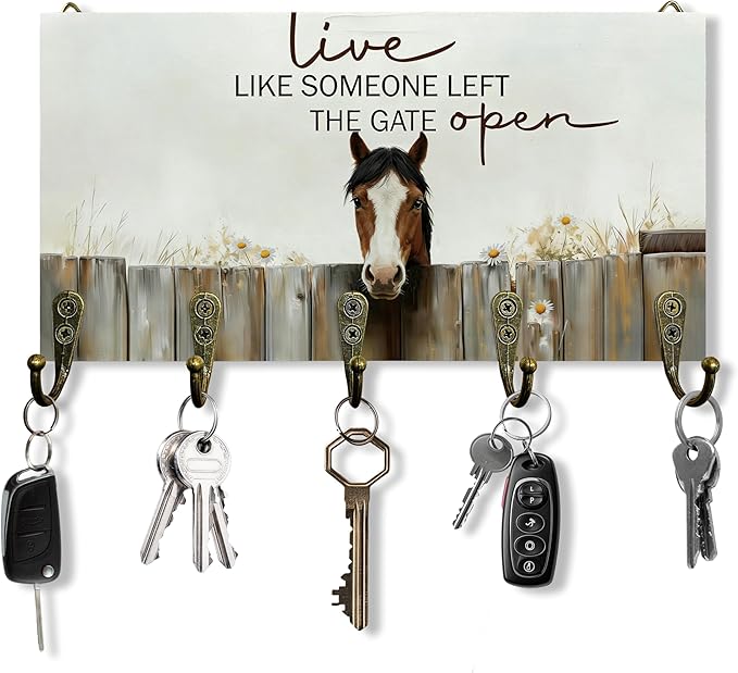 Horse Decor Key Holder for Wall 10"x5.12", Horse Gifts Key Hanger Wall Mount, Live Like Someone Left The Gate Open Rustic Farmhouse Wooden Hanging Keys Holder Decor for Entryway