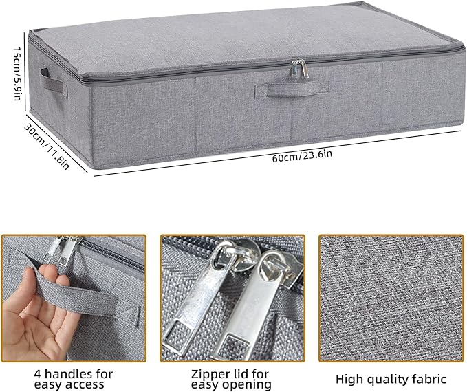 Under Bed Storage Containers, 23.6 x 11.8 x 5.9 Inch Collapsible Clothes Organizers With Handles, Storage Bins With Lids, Grey, 2 Pack