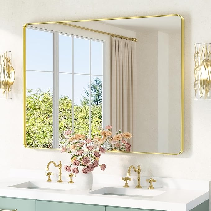 TETOTE 48 x 36 Inch Gold Mirrors Brushed Gold Metal Framed Bathroom Mirror, Tempered Glass, Modern Farmhouse Wall Mounted Mirror for Decorative(Horizontal/Vertical)