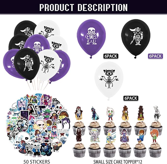 Undertale Party Decorations - Birthday Supplies with Banner, Cake Topper, 12 Cupcake Toppers, 18 Balloons, 50 Stickers