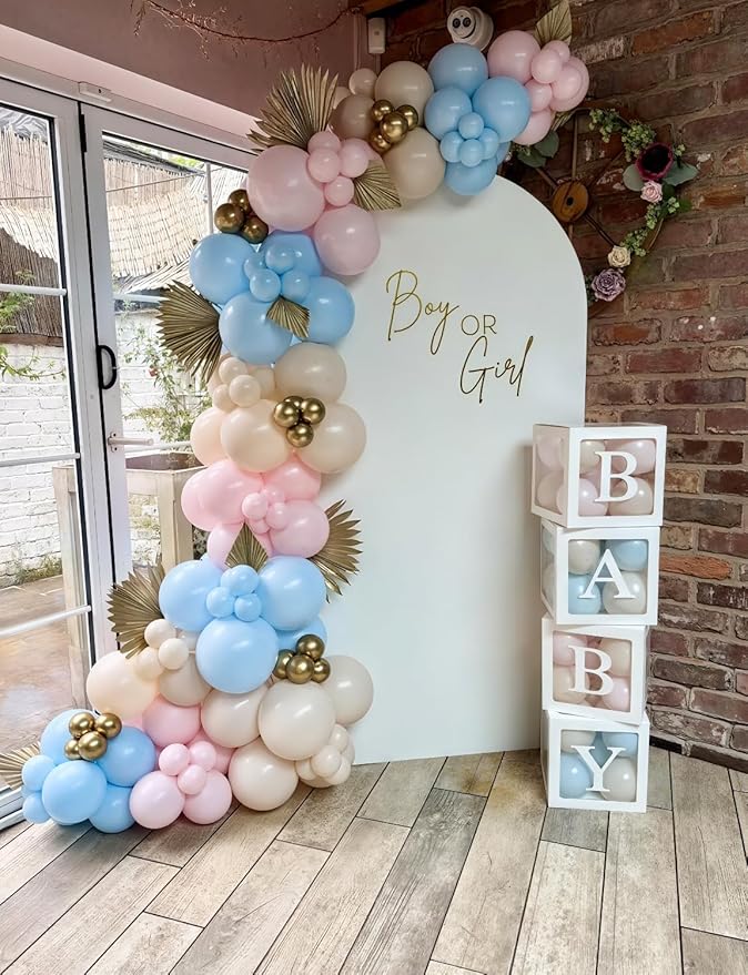 Gender Reveal Balloon Arch Garland Kit - Pink and Blue Balloon Arch Kit Pastel Pink Blue Balloons Metallic Gold Latex Balloons for Baby Gender Reveal Boy or Girl Baby Shower Party Decorations