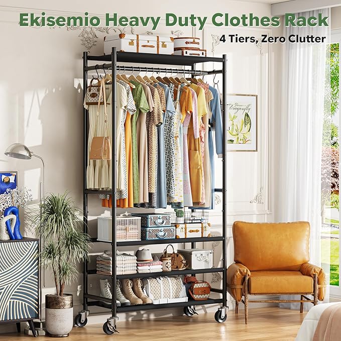 Ekisemio Heavy Duty Clothes Rack, 4 Tier Freestanding Garment Rack for Hanging Clothes with Shelves, Max Load 450 LBS, Rolling Clothing Racks for Bedroom Laundry, Black