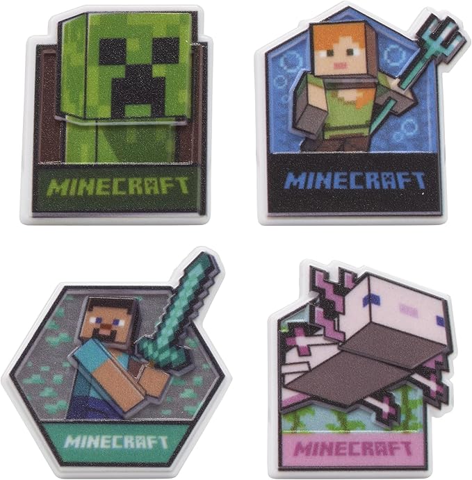 DecoPac Minecraft Lush Finds Rings, Cupcake Decorations Featuring Creeper, Alex, Steve and Axolotl! Multicolored 3D Food Safe Cake Toppers – 24 Pack