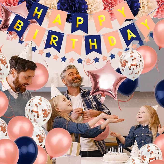 Rose Gold & Navy Blue Party Decorations - Happy Birthday Decorations with Banner for Women, Girls, Engagement & Anniversary Parties