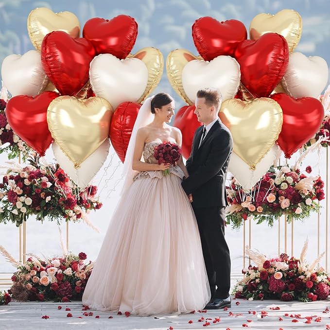 Red Gold Heart Balloons Foil, 12Pcs 18 Inch Metallic Red Gold Cream Beige Heart Shape Foil Balloon for Girls Women Birthdays Wedding Baby Shower Valentines Mother's Day Xmas Christmas Party Decor